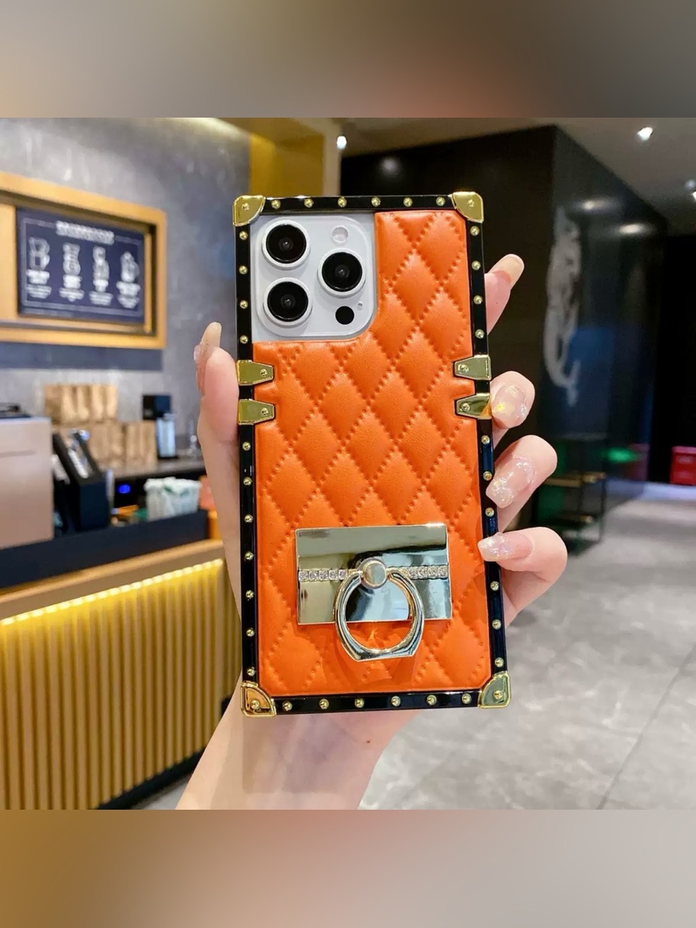 Luxury Orange Quilted Ring Holder Case for iPhone 16 Pro Max